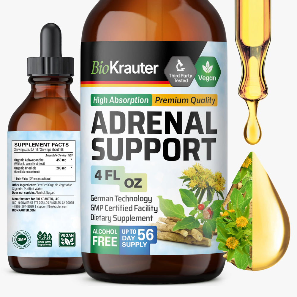 BioKrauter Adrenal Support bottle showcases vegan tincture for daily energy and mood balance.