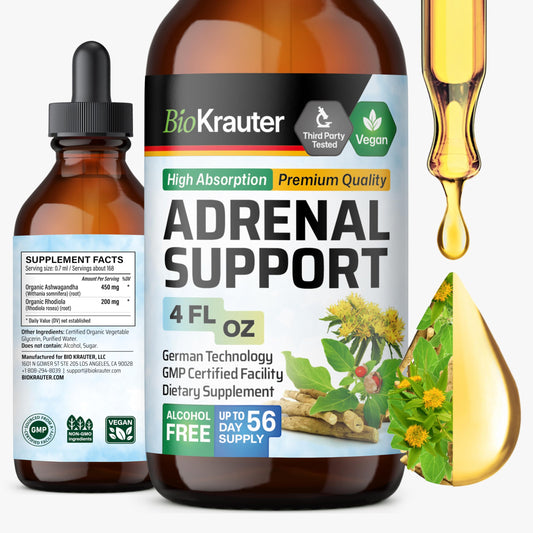 BioKrauter Adrenal Support bottle showcases vegan tincture for daily energy and mood balance.