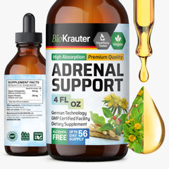 BioKrauter Adrenal Support bottle showcases vegan tincture for daily energy and mood balance.