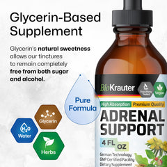 BioKrauter Adrenal Support glycerin base reflects alcohol-free, smooth-tasting tincture.