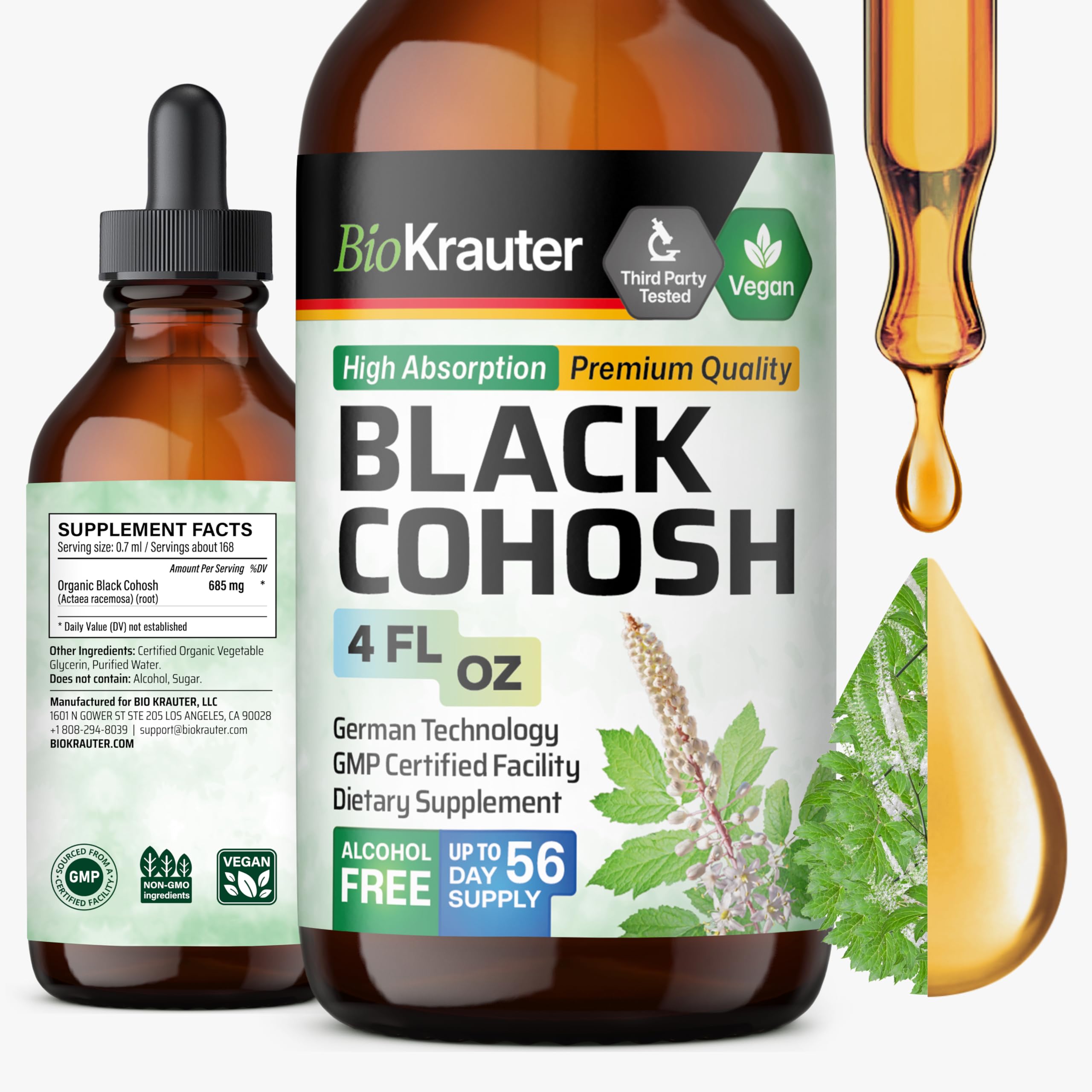 BIO KRAUTER Black Cohosh bottle label highlights vegan menopause support for daily well-being.