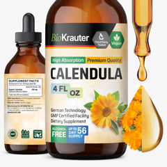 BIO KRAUTER Calendula extract bottle shows premium tincture for immune support and vegan use.