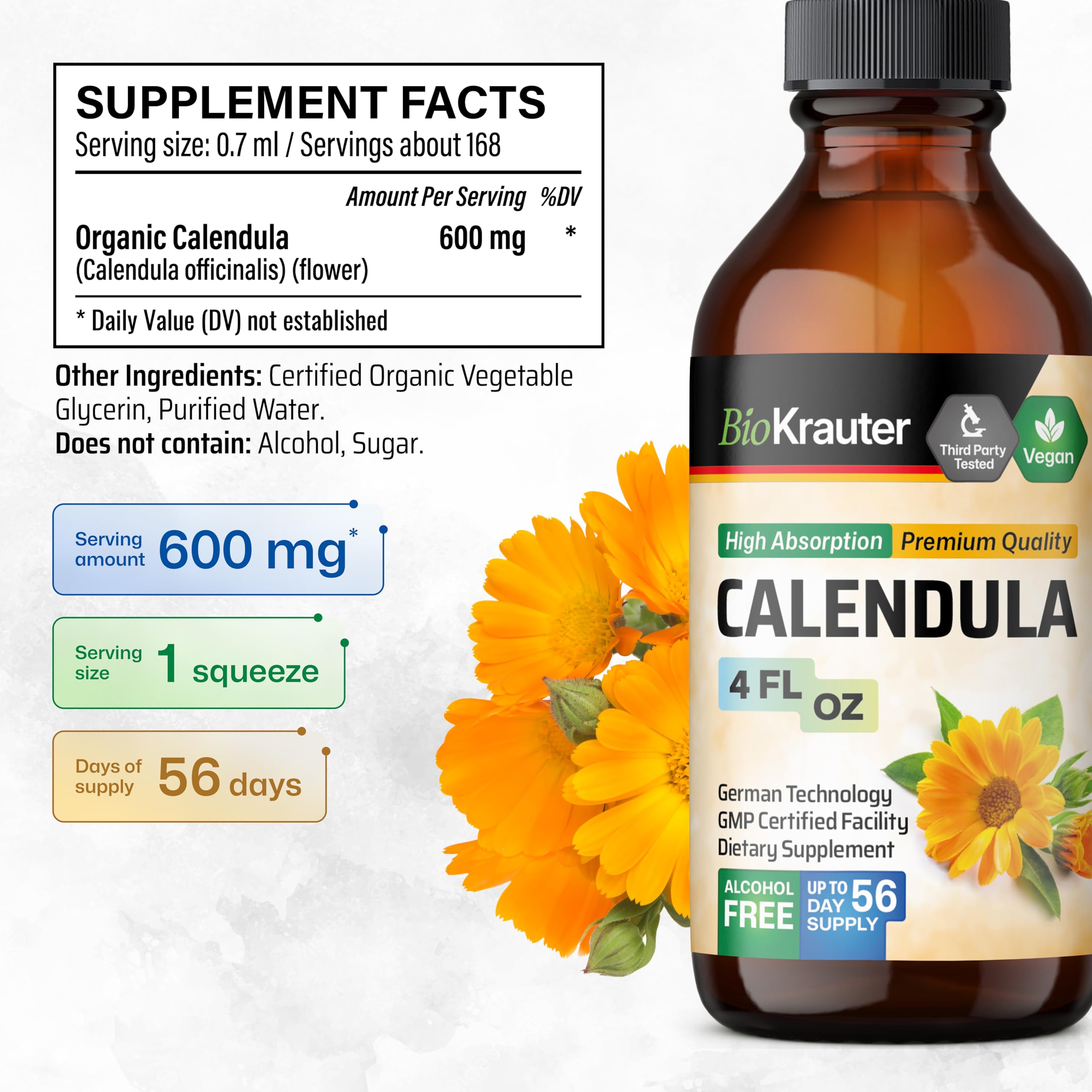 BIO KRAUTER calendula liquid under-tongue drops for quick, convenient intake.