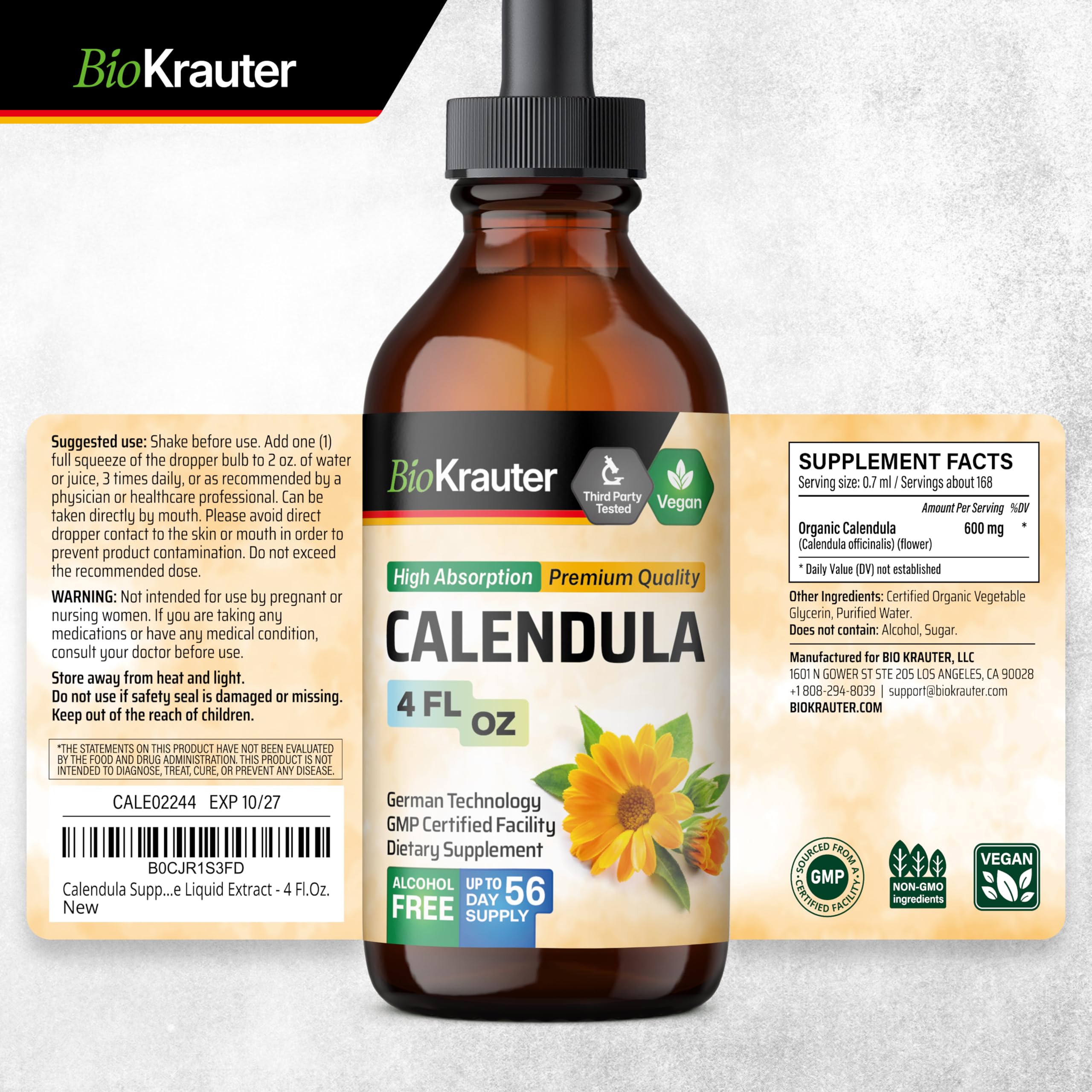BIO KRAUTER calendula liquid in glass bottle conveys ritual wellness.