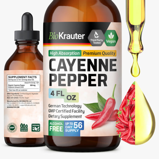 The BIO KRAUTER Cayenne Drops bottle front highlights vegan capsaicin for digestive support.