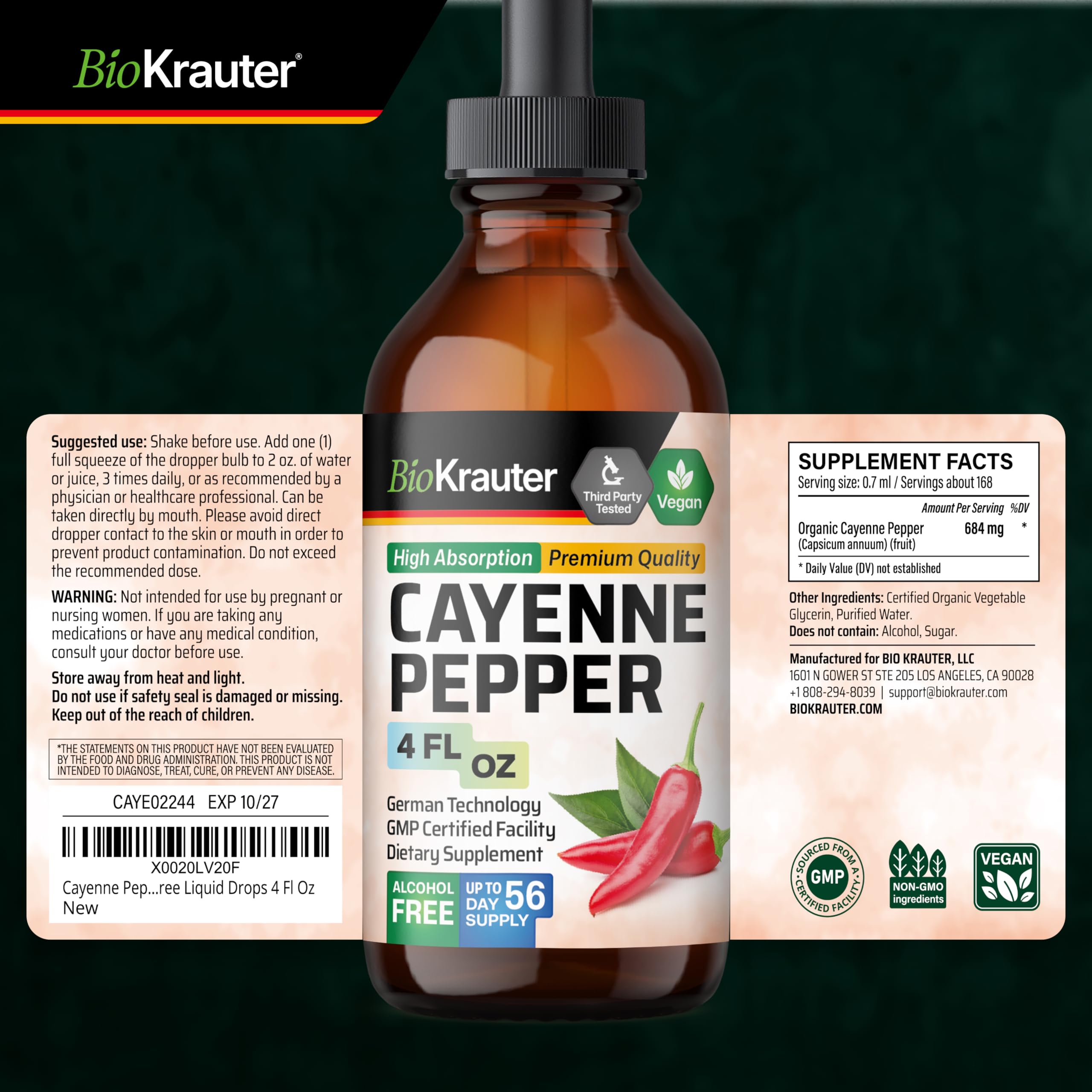 BIO KRAUTER Cayenne Drops shelf-view highlights full product details.