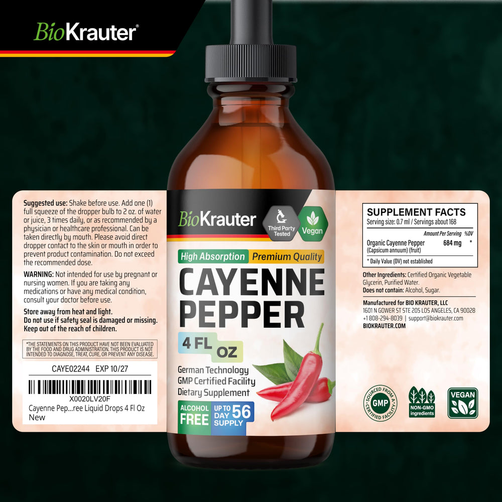 BIO KRAUTER Cayenne Drops shelf-view highlights full product details.