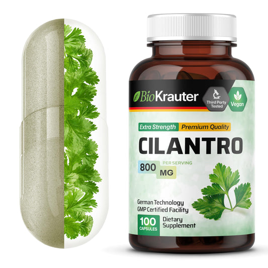 BIO KRAUTER Cilantro capsules bottle front highlights vegan detox support