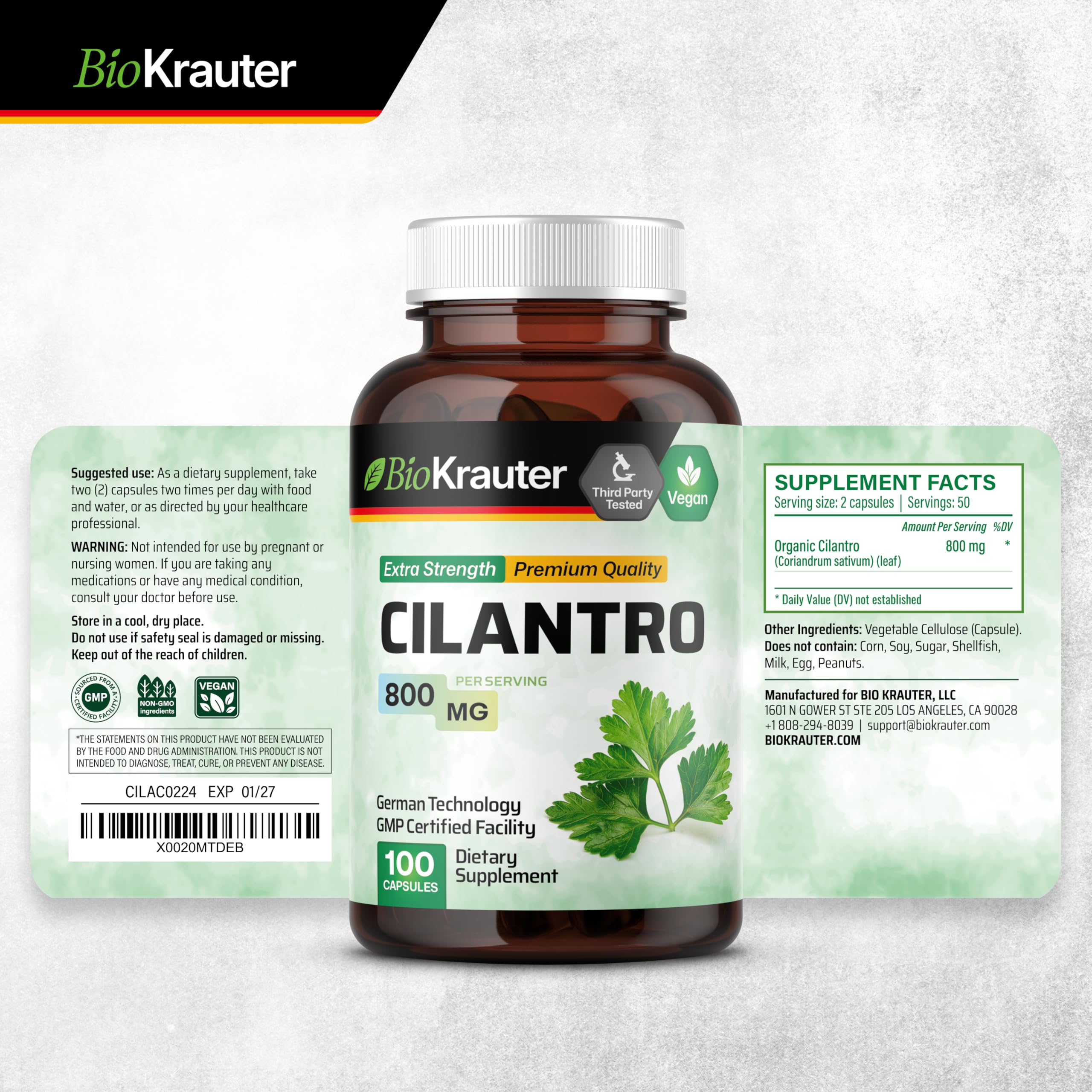 BIO KRAUTER Cilantro capsules daily-use shot shows simple intake routine