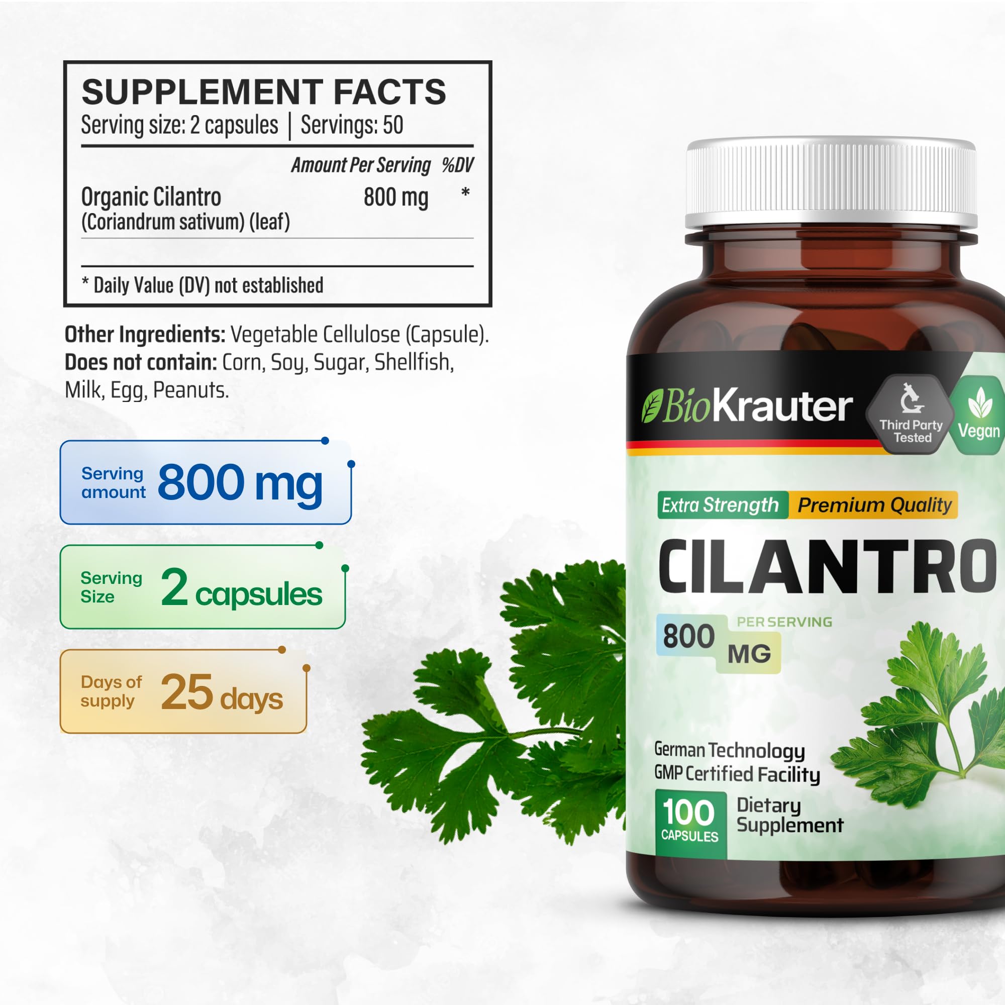 BIO KRAUTER Cilantro capsules label closeup emphasizes clean, minimal ingredients