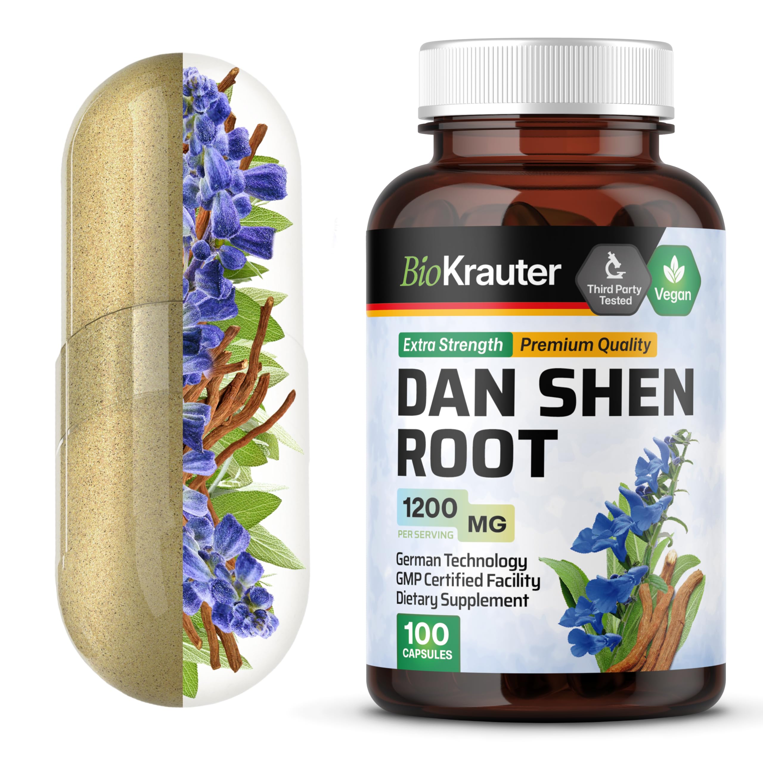 BIO KRAUTER Dan Shen root capsules bottle demonstrates antioxidant support for daily wellness.