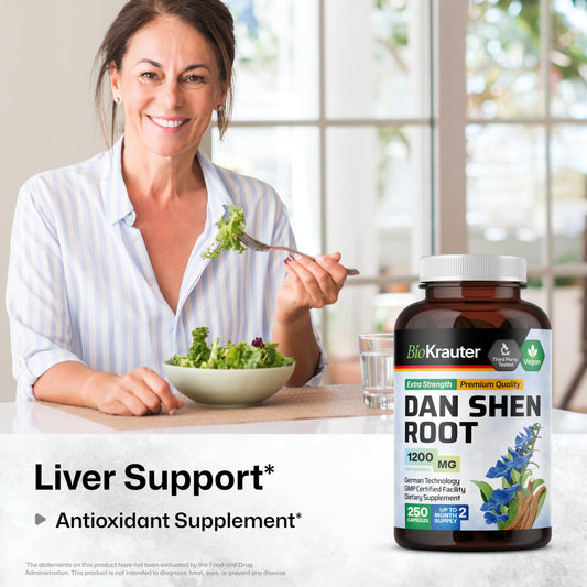 Closeup of BIO KRAUTER Dan Shen root capsules highlighting red sage extract