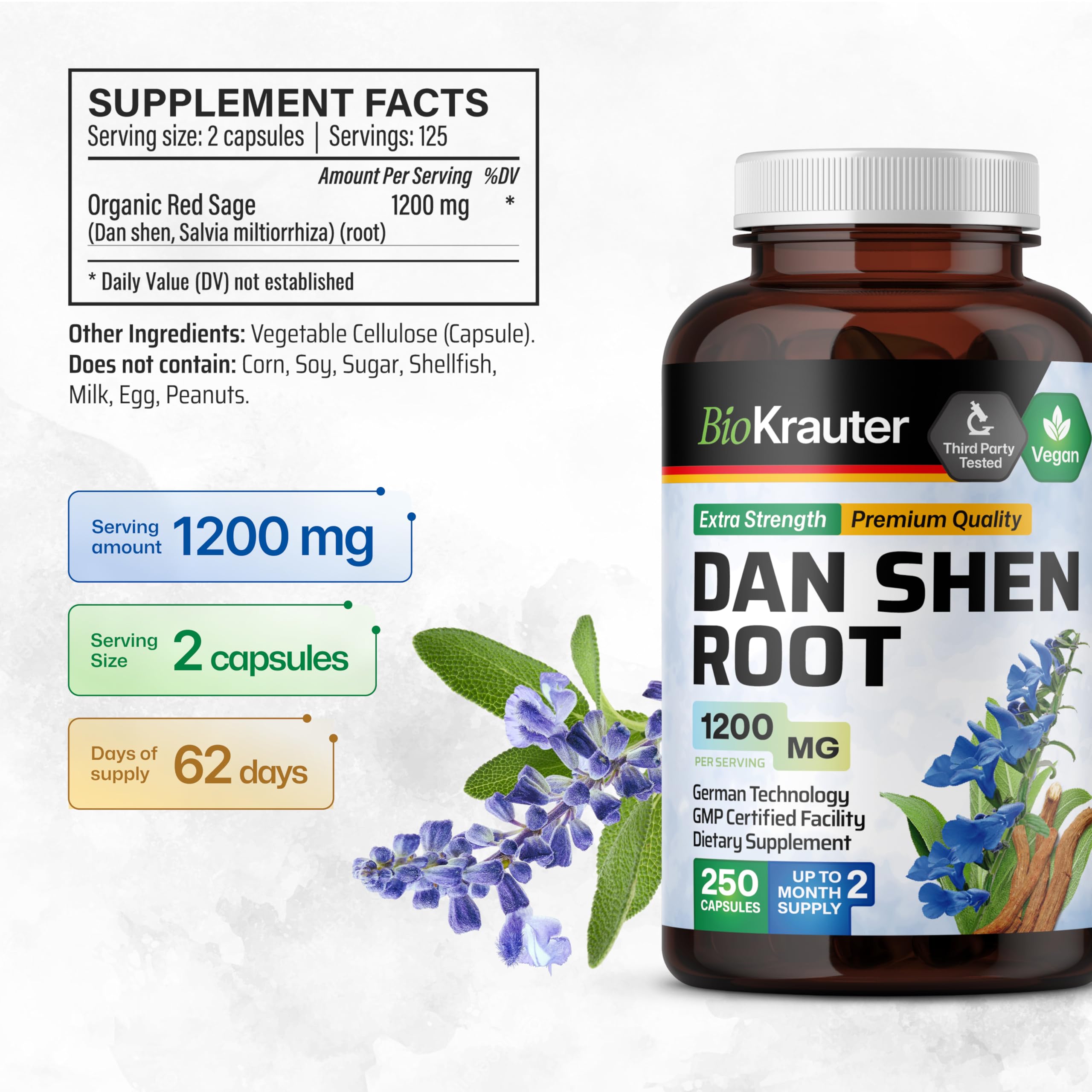 Label on BIO KRAUTER Dan Shen root capsules showing vegan, non-GMO promise