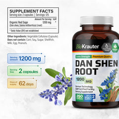 Label on BIO KRAUTER Dan Shen root capsules showing vegan, non-GMO promise