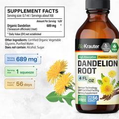 BIO KRAUTER Dandelion Root Extract dropper close-up shows glycerin base for smooth taste.