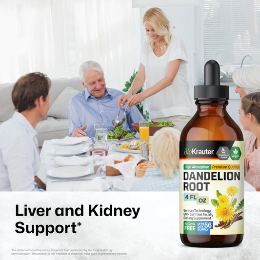 BIO KRAUTER Dandelion Root Extract dropper pouring into glass demonstrates convenient 689 mg serving.
