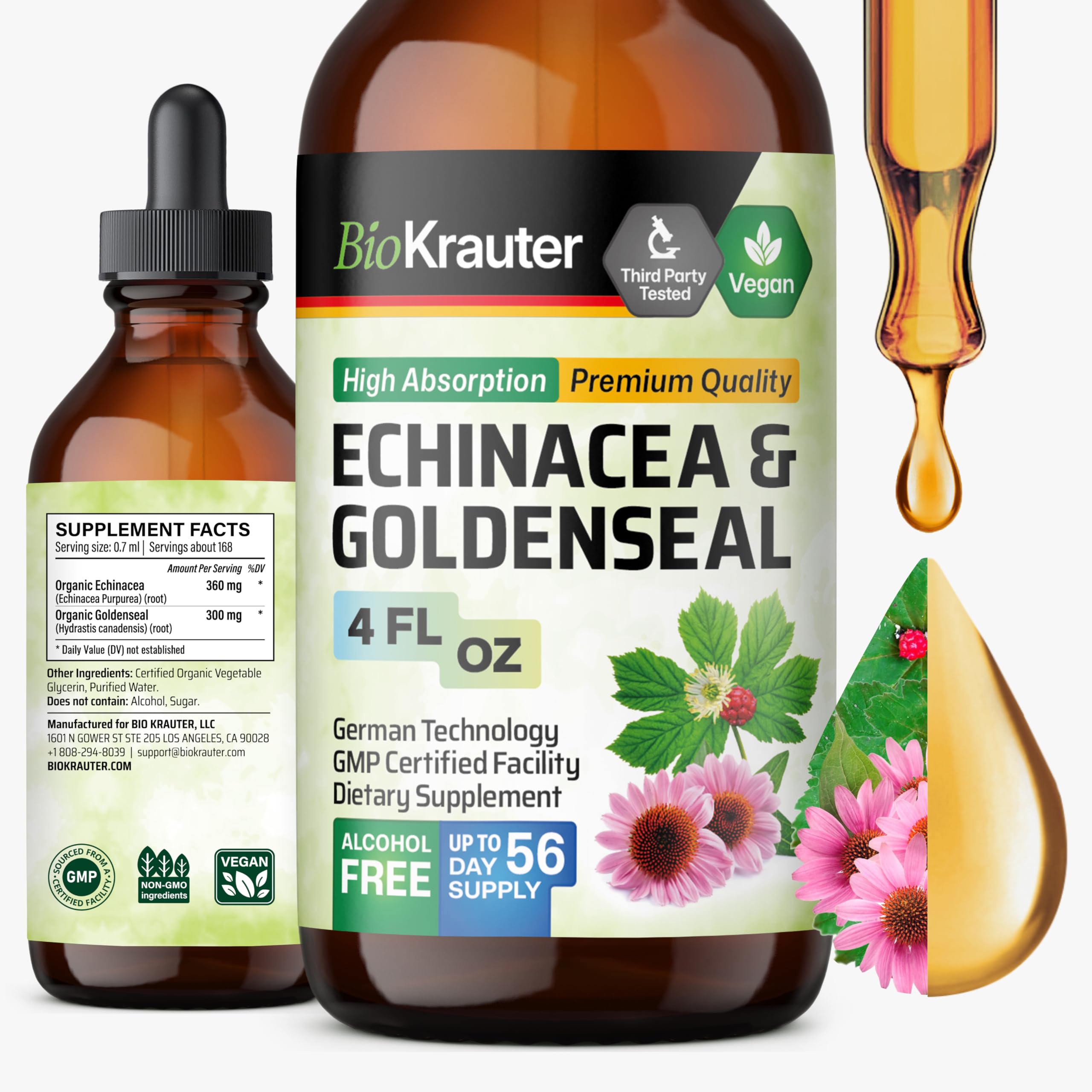 BIO KRAUTER Echinacea Goldenseal bottle for alcohol-free immunity support.