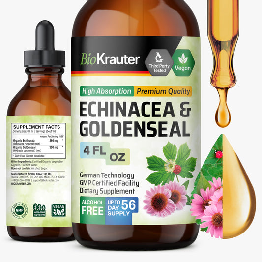 BIO KRAUTER Echinacea Goldenseal bottle for alcohol-free immunity support.
