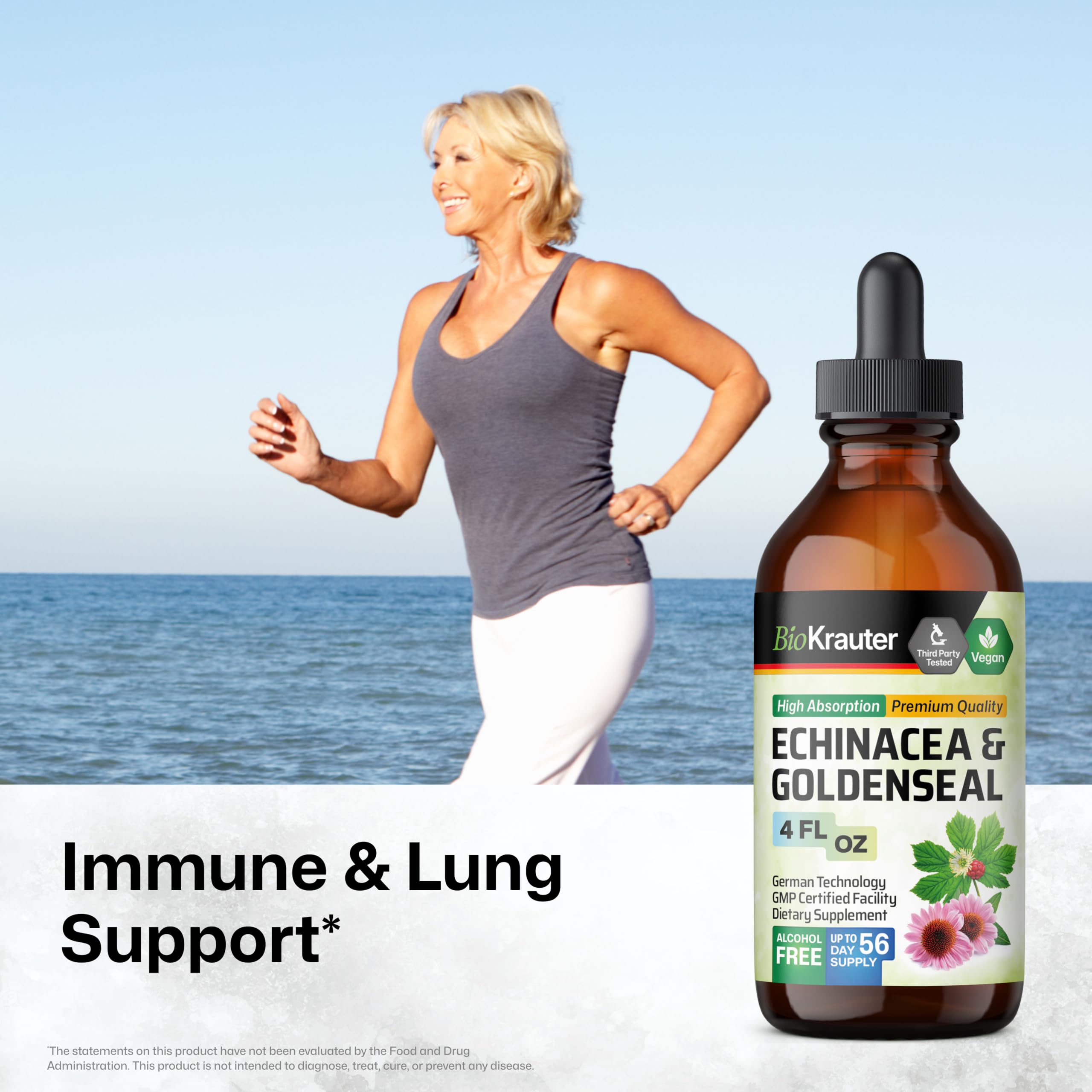 BIO KRAUTER Echinacea Goldenseal dropper showing glycerin-based, smooth-tasting drops.