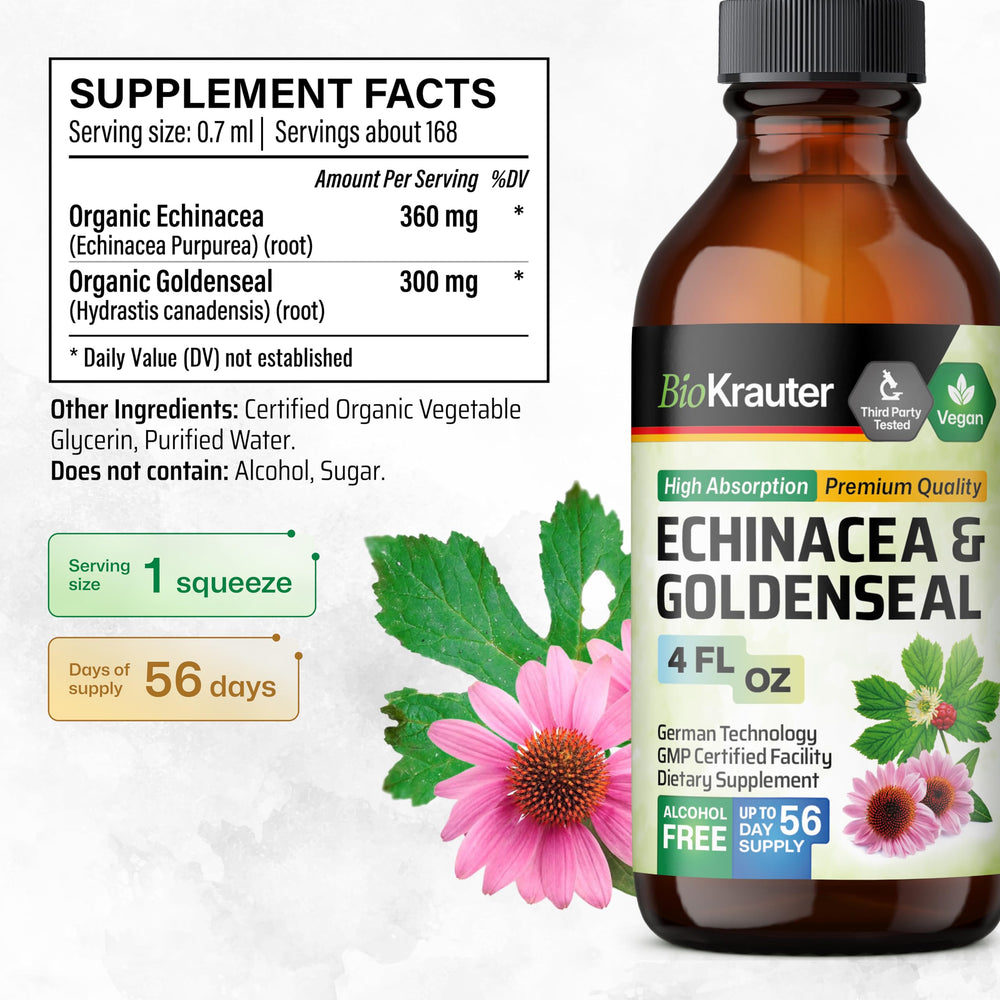 BIO KRAUTER Echinacea Goldenseal label highlights vegan, non-GMO formulation.