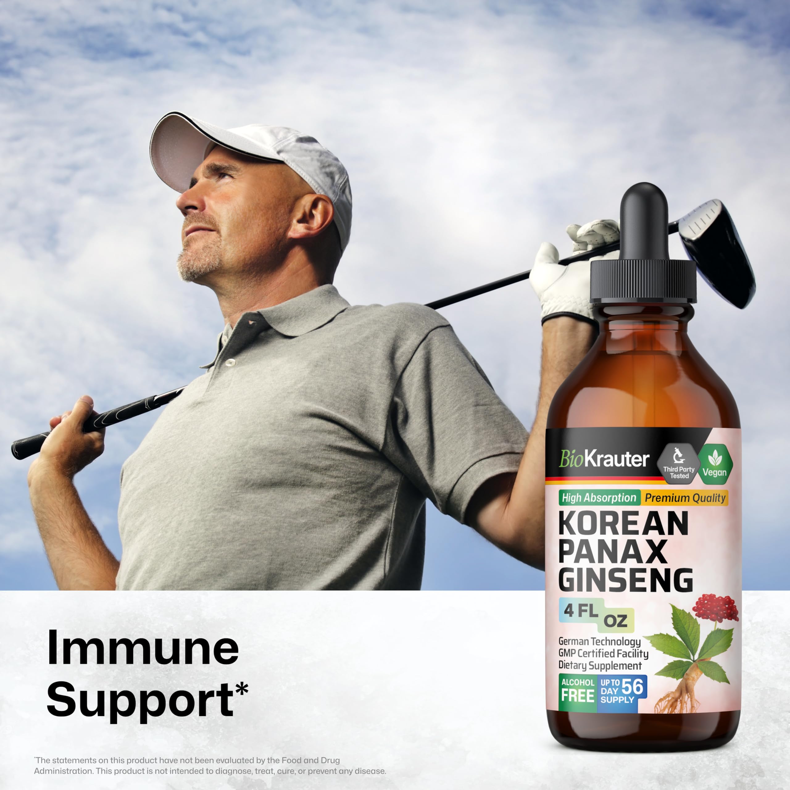 BIO KRAUTER Ginseng drops being poured for easy dosing and focus