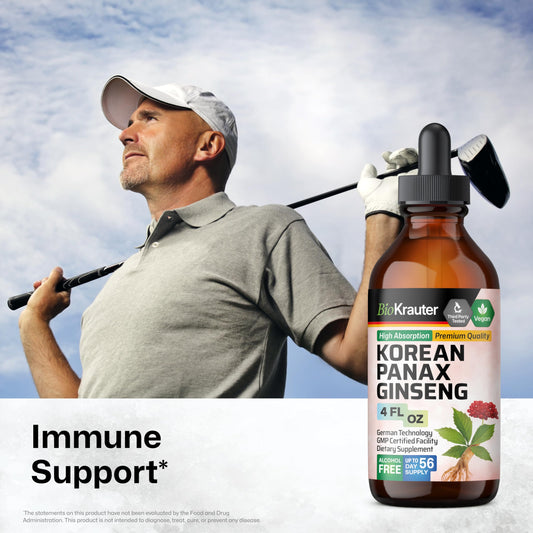 BIO KRAUTER Ginseng drops being poured for easy dosing and focus