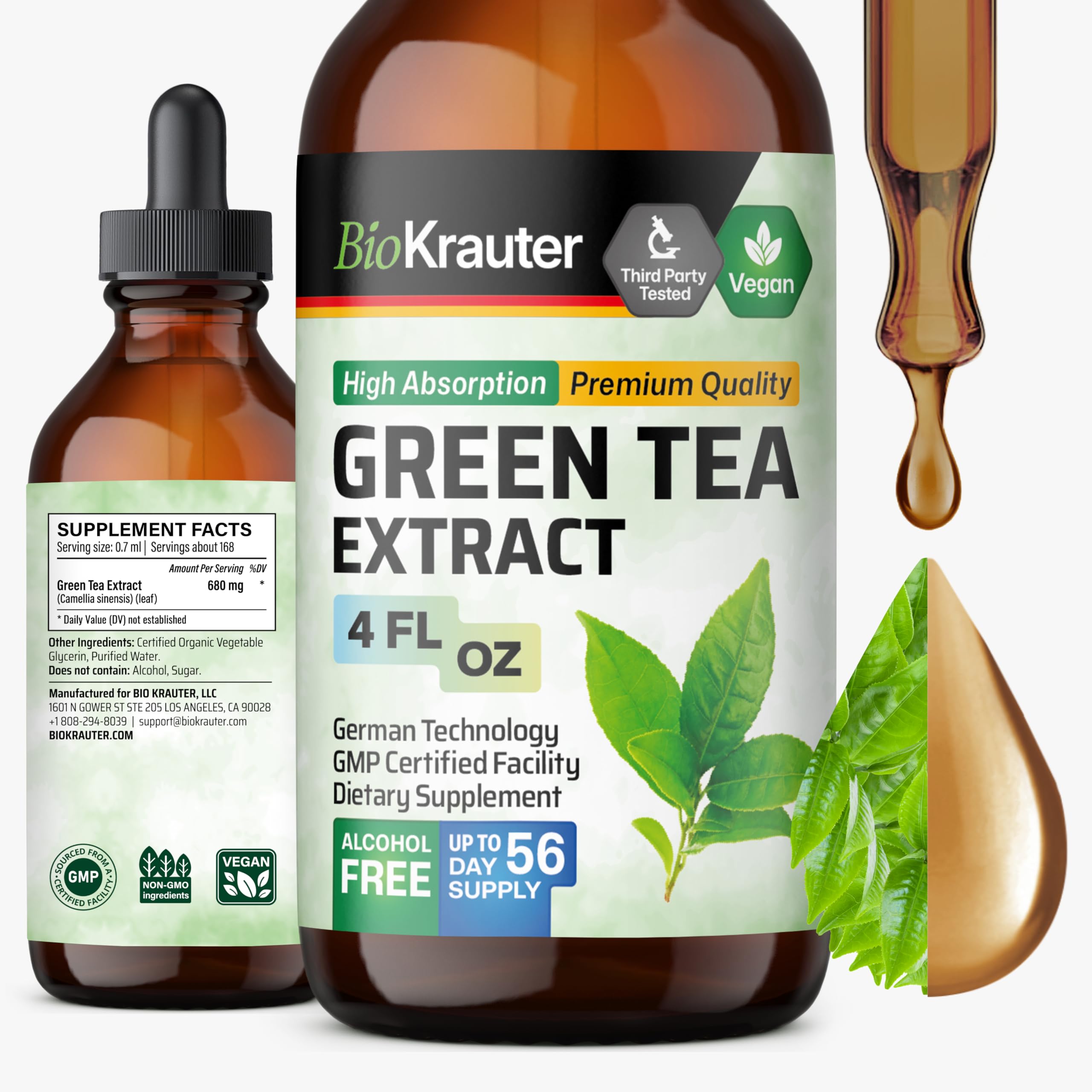 BIO KRAUTER Green Tea Extract liquid bottle pour highlighting antioxidant support for daily wellness.