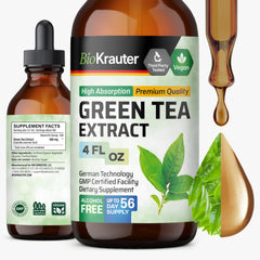 BIO KRAUTER Green Tea Extract liquid bottle pour highlighting antioxidant support for daily wellness.