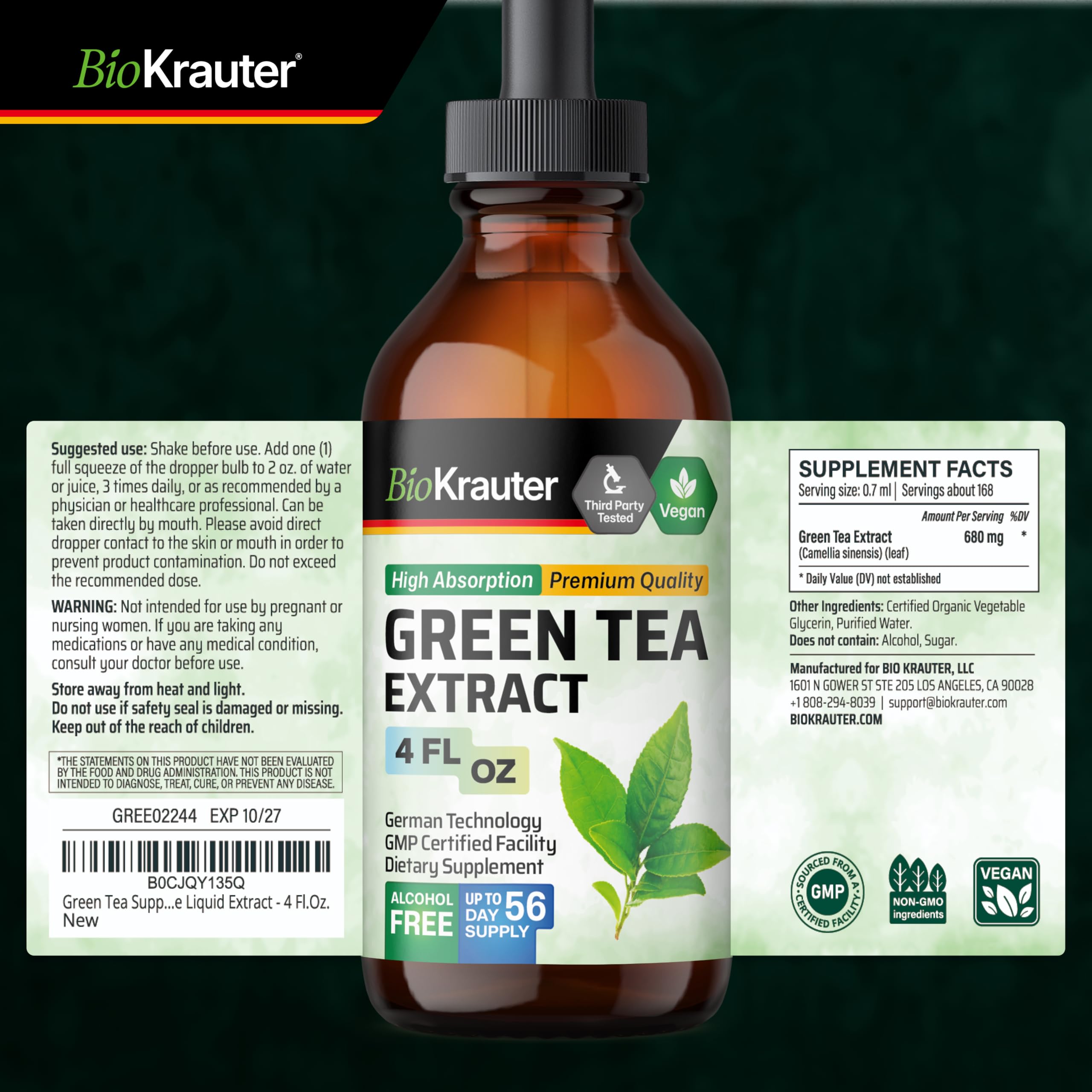 BIO KRAUTER Green Tea Extract liquid bottle and glass ready for serving