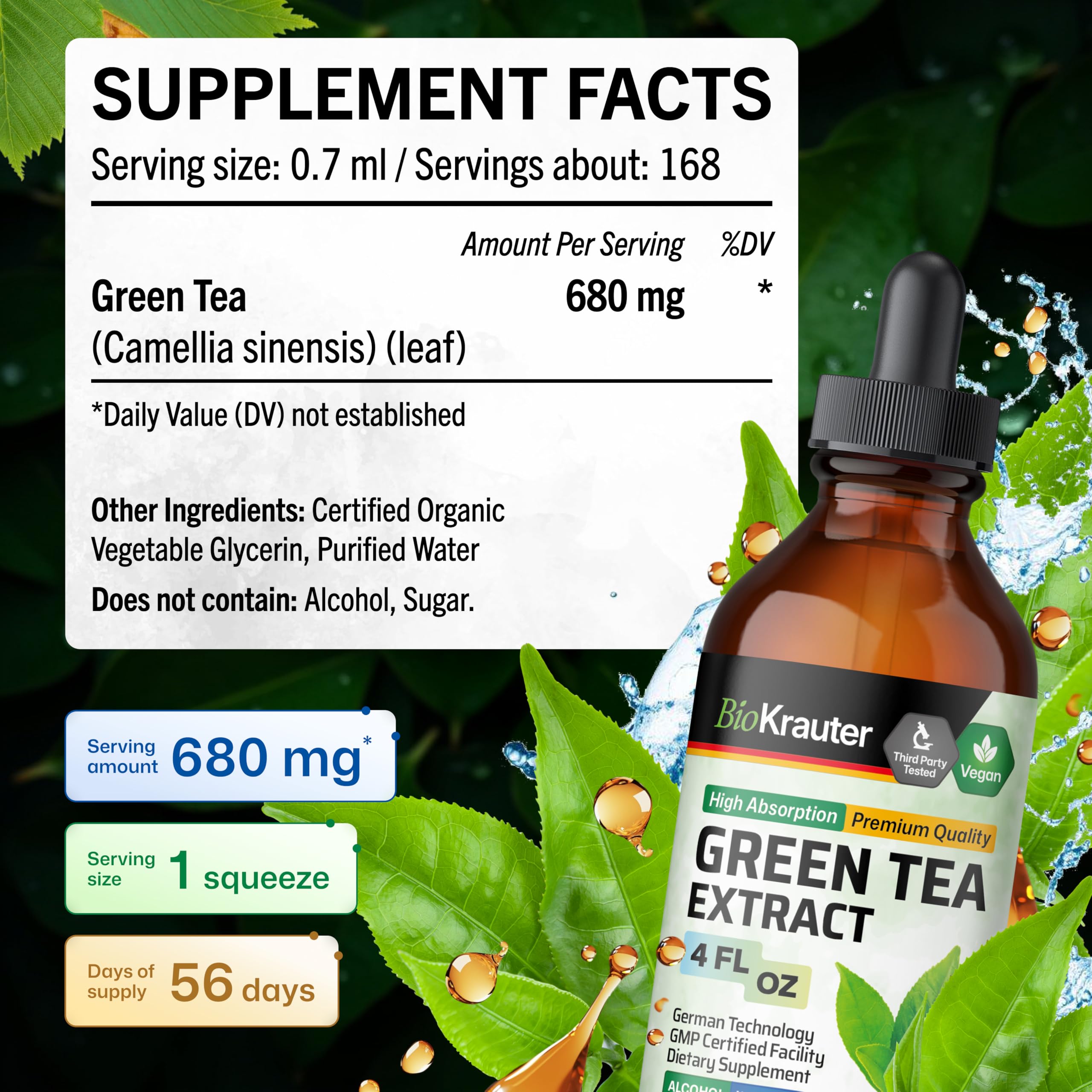 BIO KRAUTER Green Tea Extract liquid closeup showing smooth glycerin-based flavor.