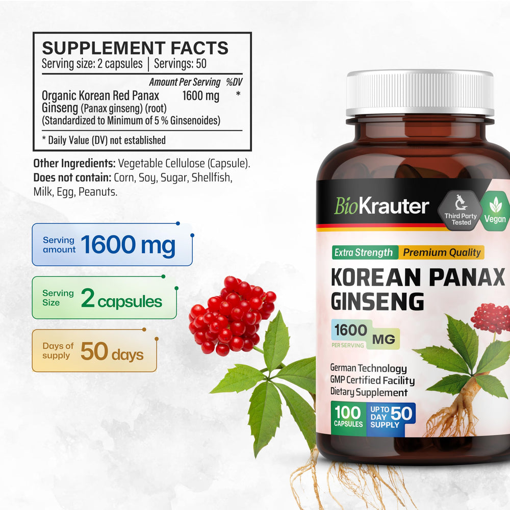BIO KRAUTER Korean Red Ginseng Capsules spilled capsules suggesting daily energy support.