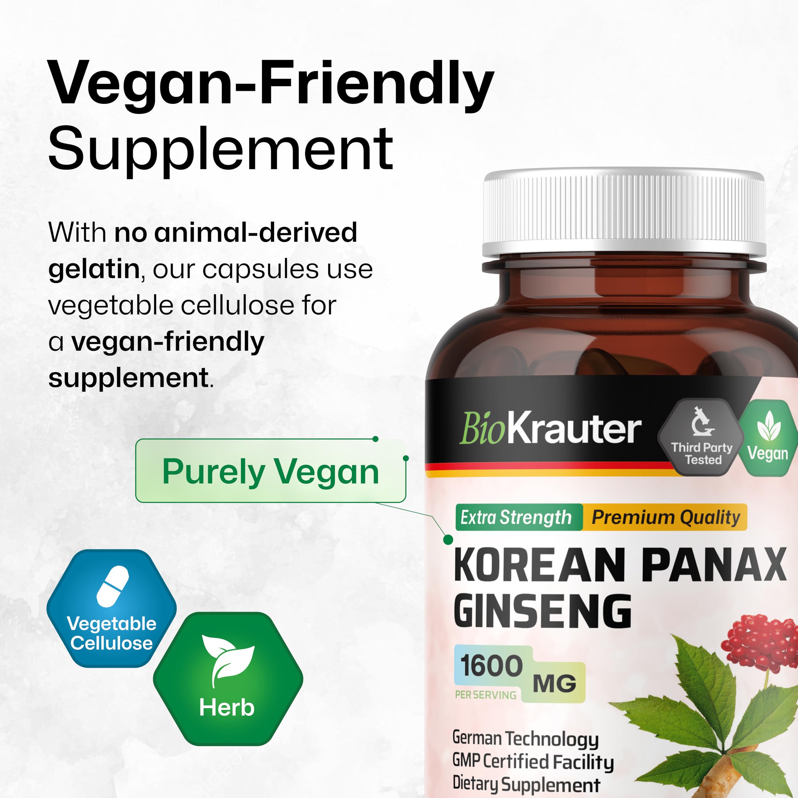 BIO KRAUTER Korean Red Ginseng Capsules with glass of water for easy ingestion.