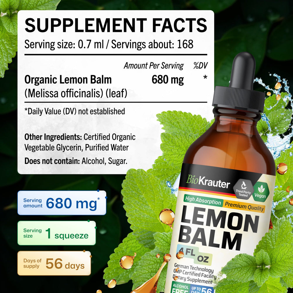 Close-up of BIO KRAUTER label on Lemon Balm Tincture highlighting vegan formula