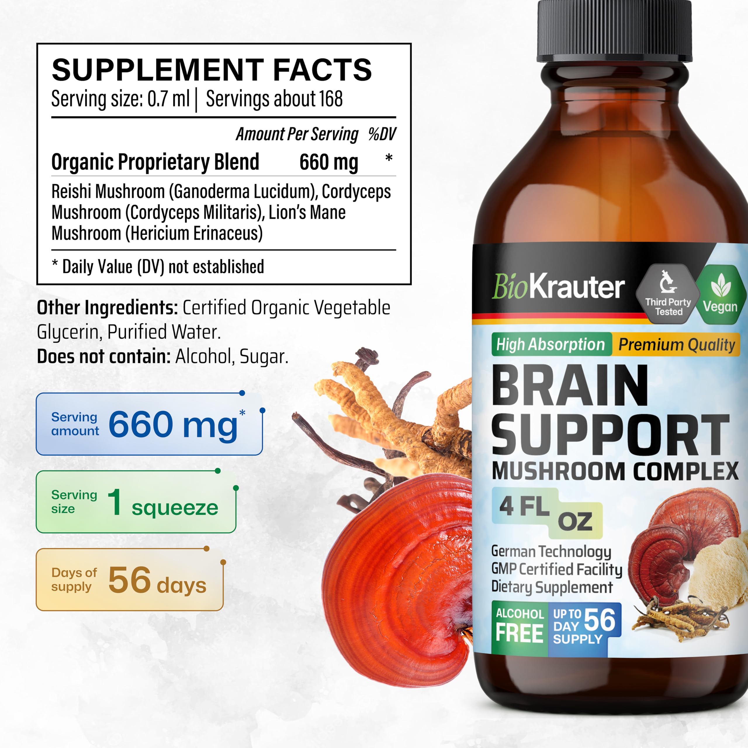 BIO KRAUTER Lions Mane close-up hints at cognitive clarity support.