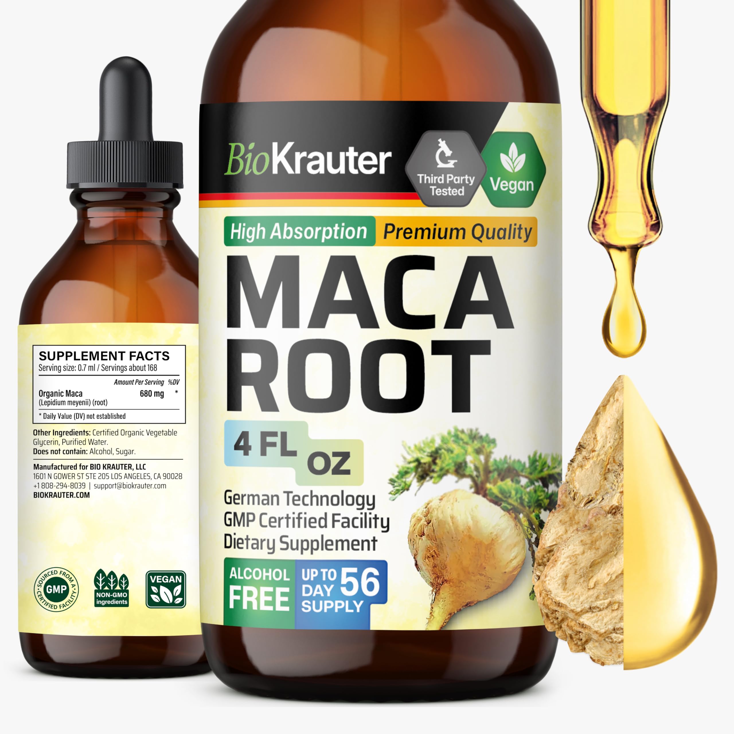 BIO KRAUTER Maca Root Liquid Drops bottle, vegan and alcohol-free.