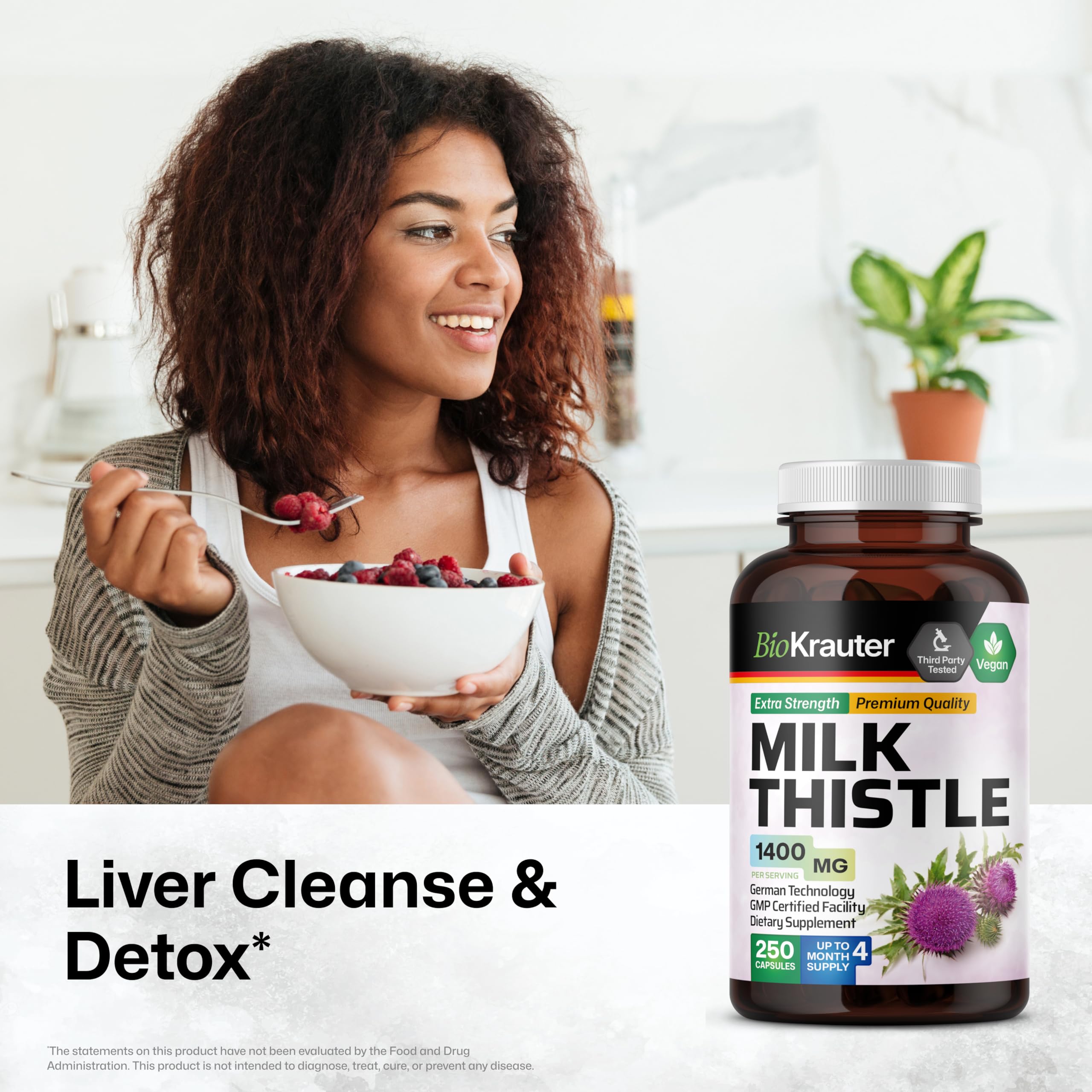 BIO KRAUTER Milk Thistle capsules bottle back with ingredients and vegan notes.