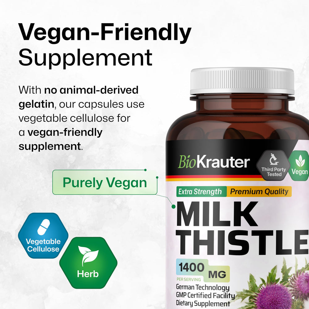 BIO KRAUTER milk thistle capsules close-up shows plant-based silymarin capsules.