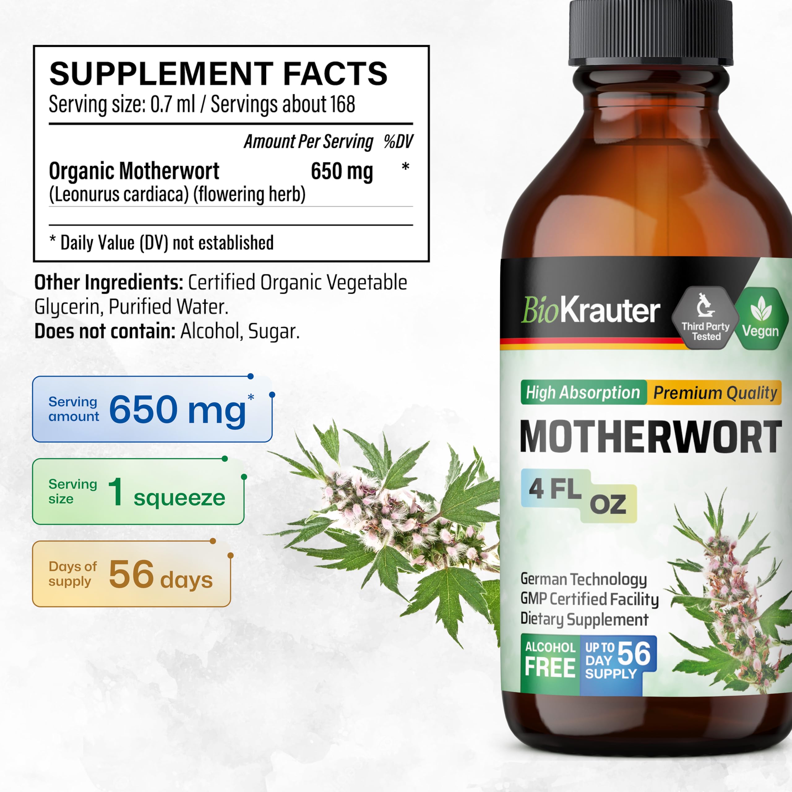 BIO KRAUTER liquid in water illustrates easy 3x daily dosing.
