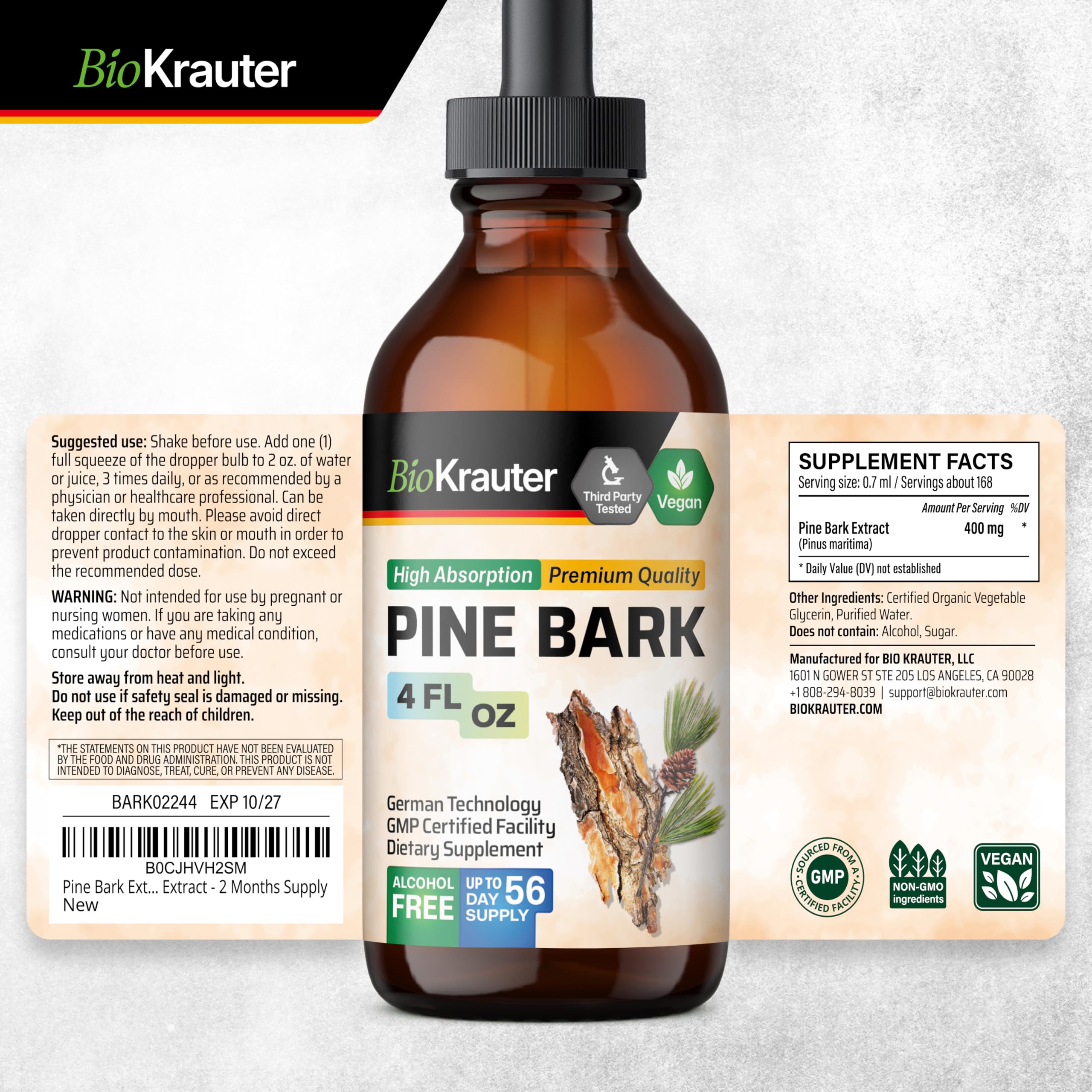 Biokrauter Pine Bark Extract Drops glass bottle displayed for daily use.