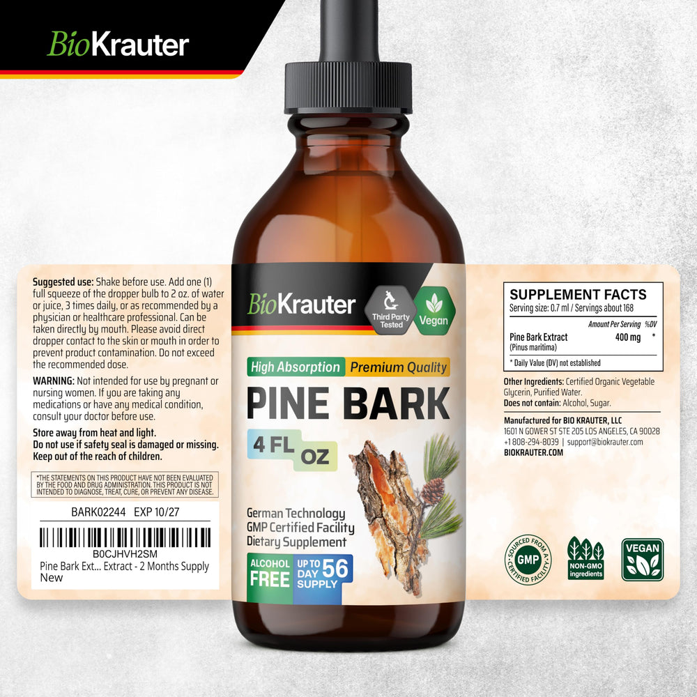 Biokrauter Pine Bark Extract Drops glass bottle displayed for daily use.