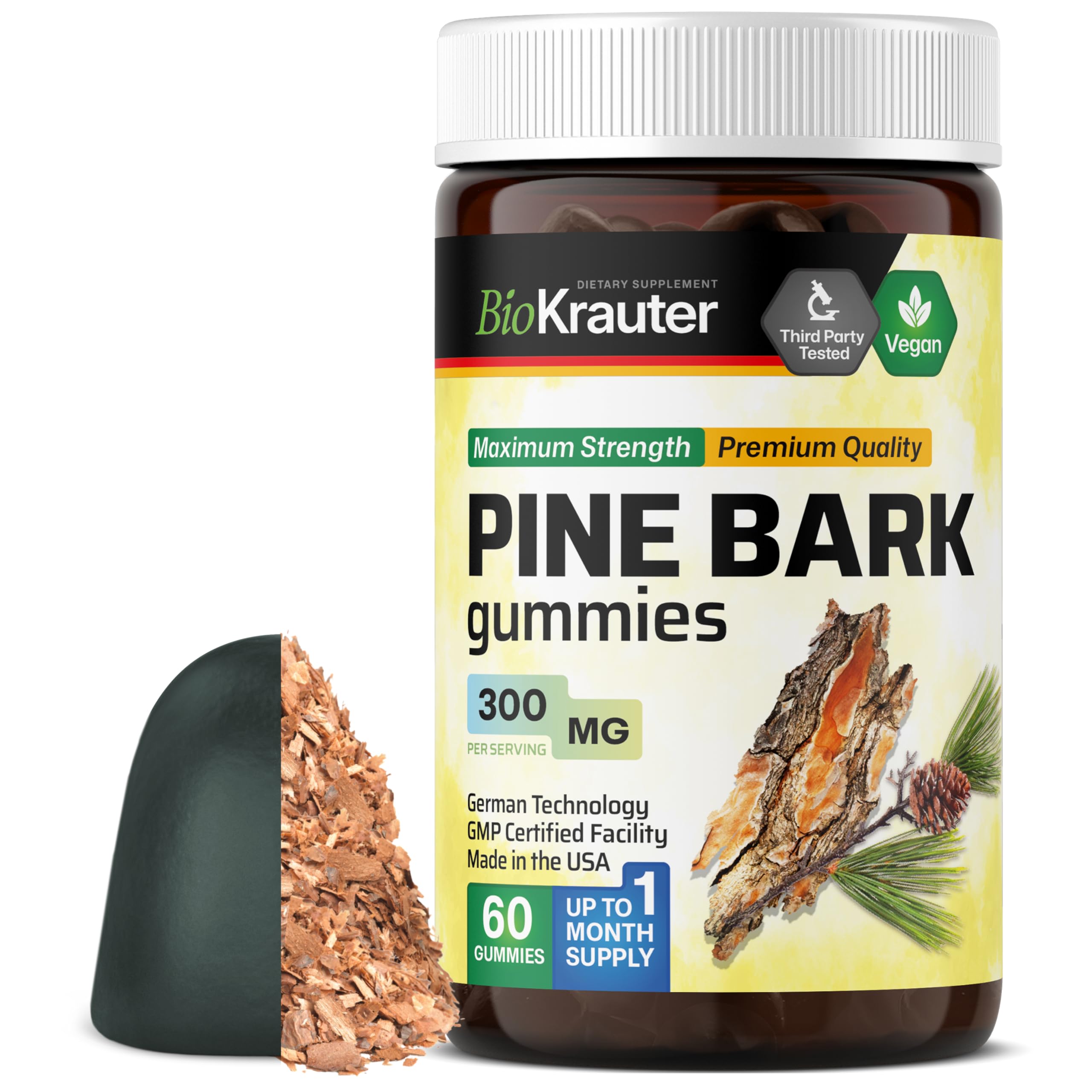 BIO KRAUTER Pine Bark Gummies bottle front shows a tasty daily boost.