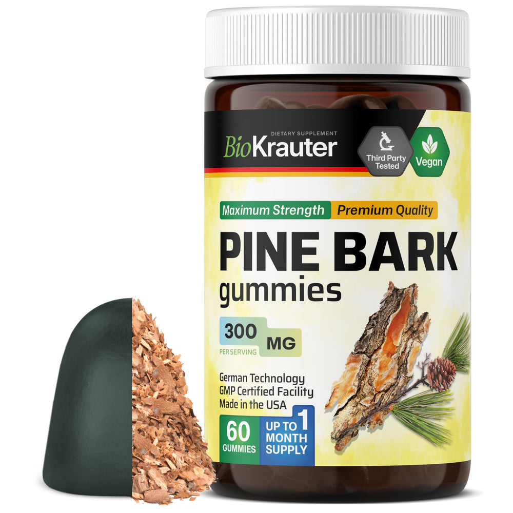 BIO KRAUTER Pine Bark Gummies bottle front shows a tasty daily boost.