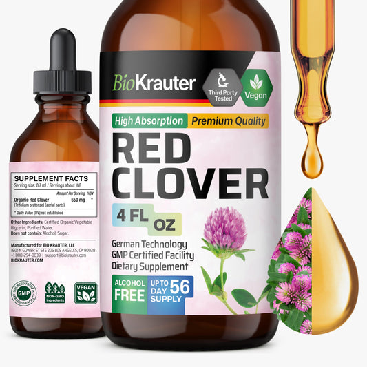 BIO KRAUTER red clover tincture bottle highlighted for menopause wellness support