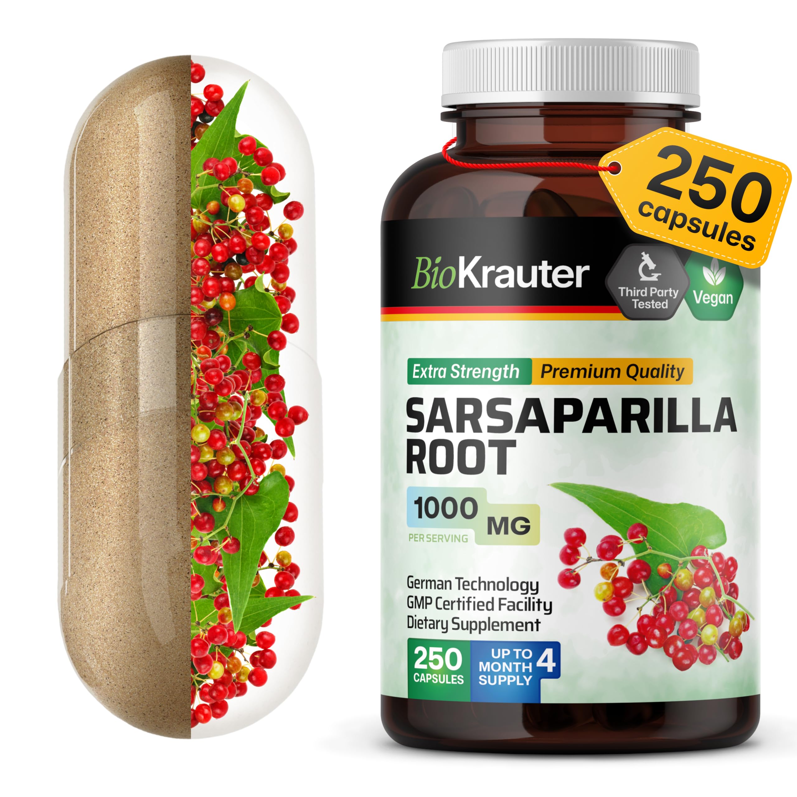 BIO KRAUTER Sarsaparilla bottle with 1000 mg capsules for daily wellness