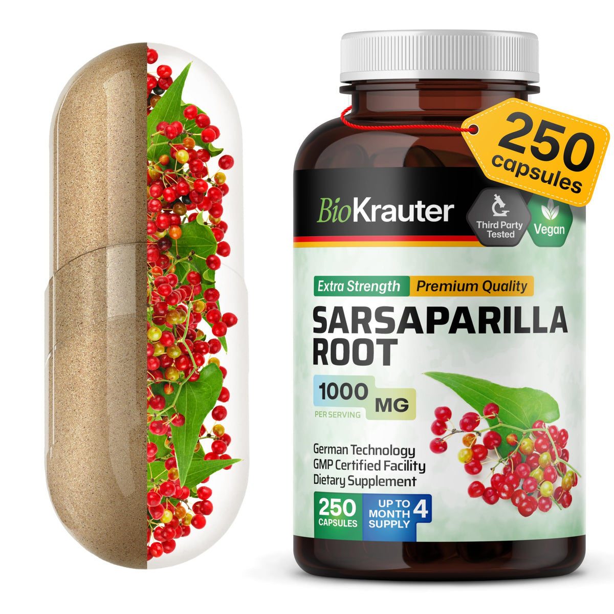BIO KRAUTER Sarsaparilla bottle with 1000 mg capsules for daily wellness
