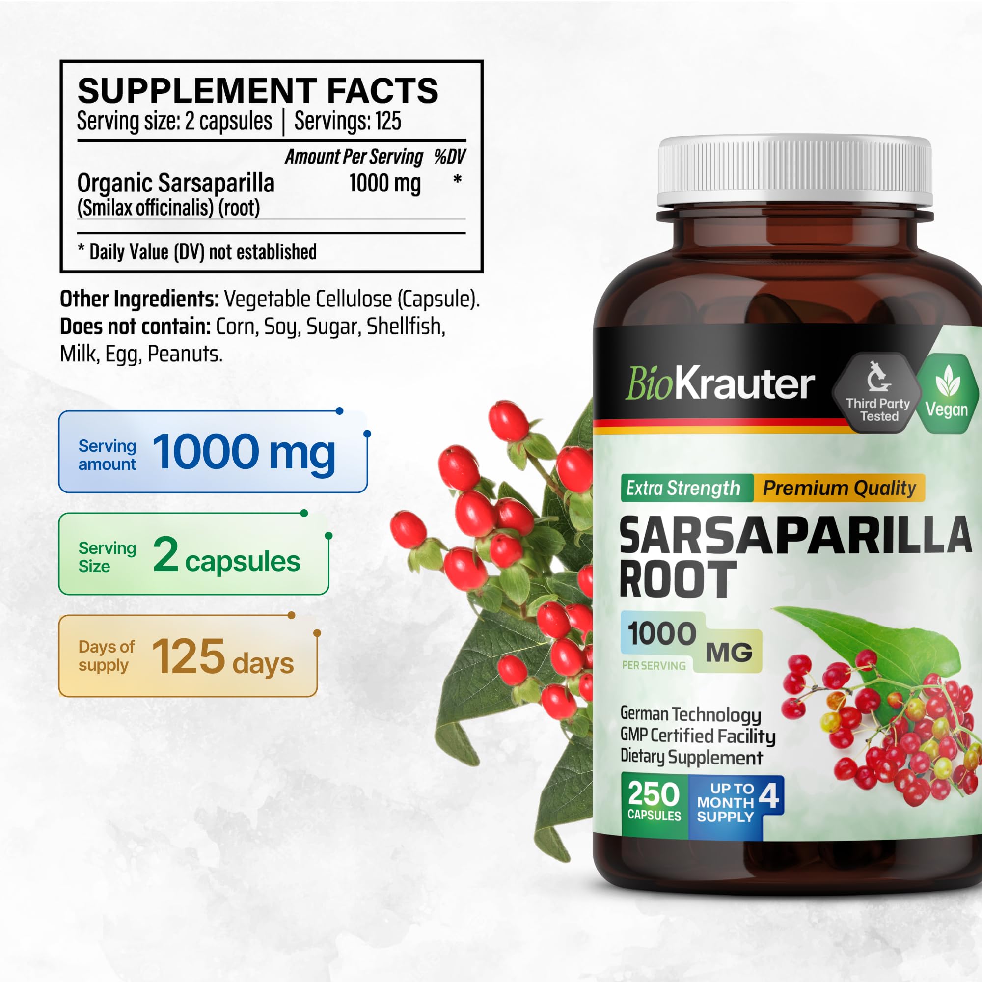 Close-up of sarsaparilla root powder used in capsules