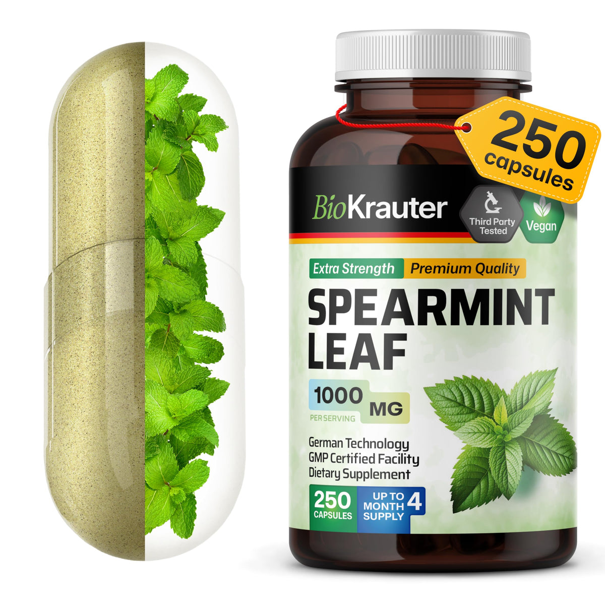 BIO KRAUTER bottle of spearmint capsules for daily digestion support