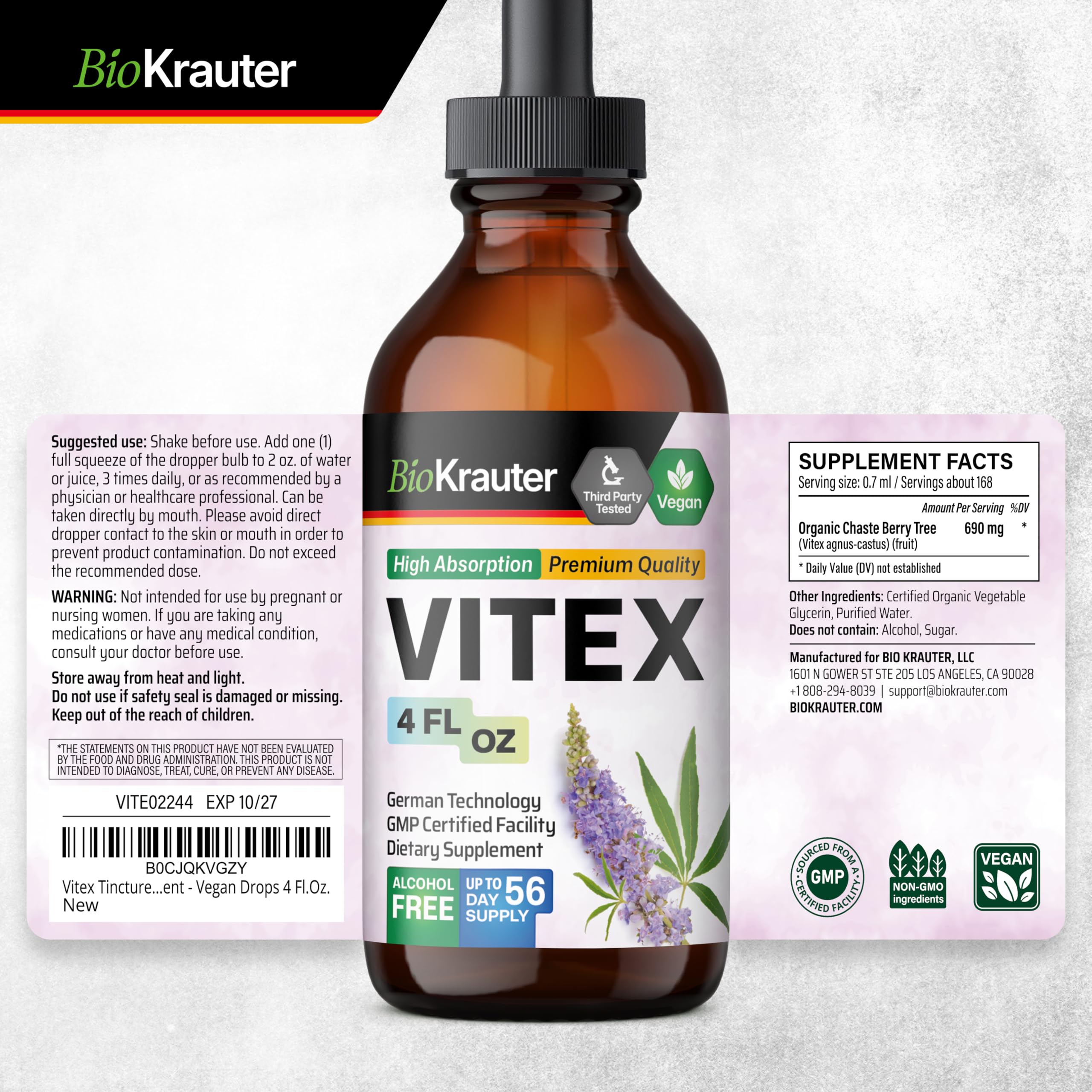 BIO KRAUTER Vitex bottle with packaging, showcasing vegan, non-GMO composition.