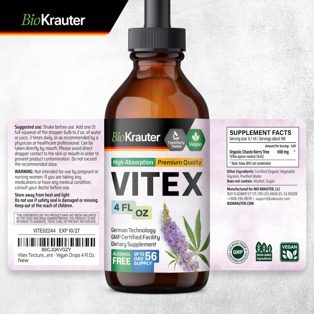 BIO KRAUTER Vitex bottle with packaging, showcasing vegan, non-GMO composition.