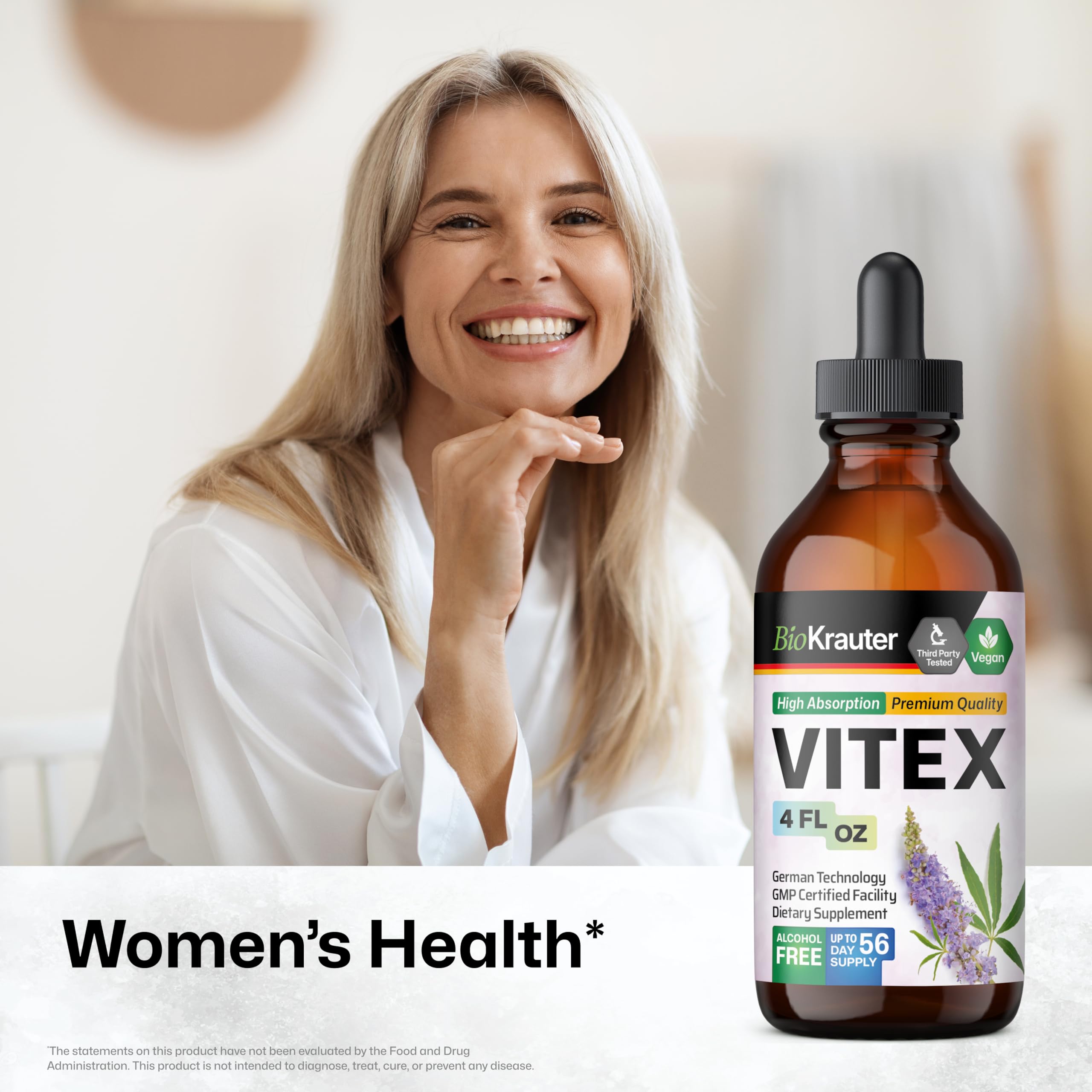 BIO KRAUTER Vitex drops bottle close-up showing vegan, alcohol-free formula.